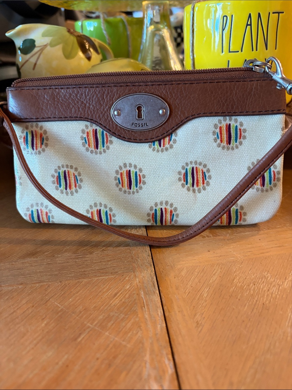 Fossil Cream Canvas Wristlet with Brown Leather Trim and Multicolor Dot Accents